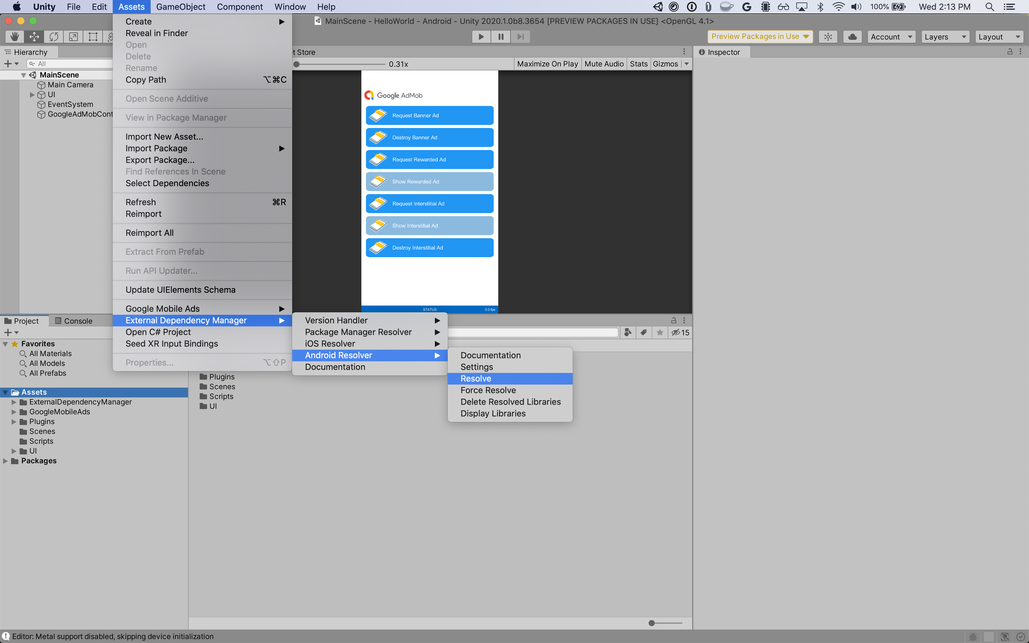 Unity editor android