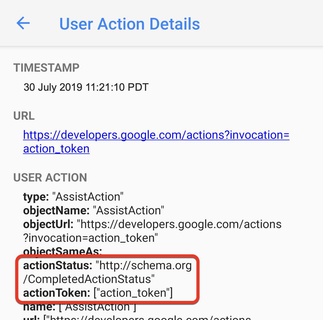 The actionStatus and actionToken items are highlighted in a
          device screenshot of the User Action Details page.
