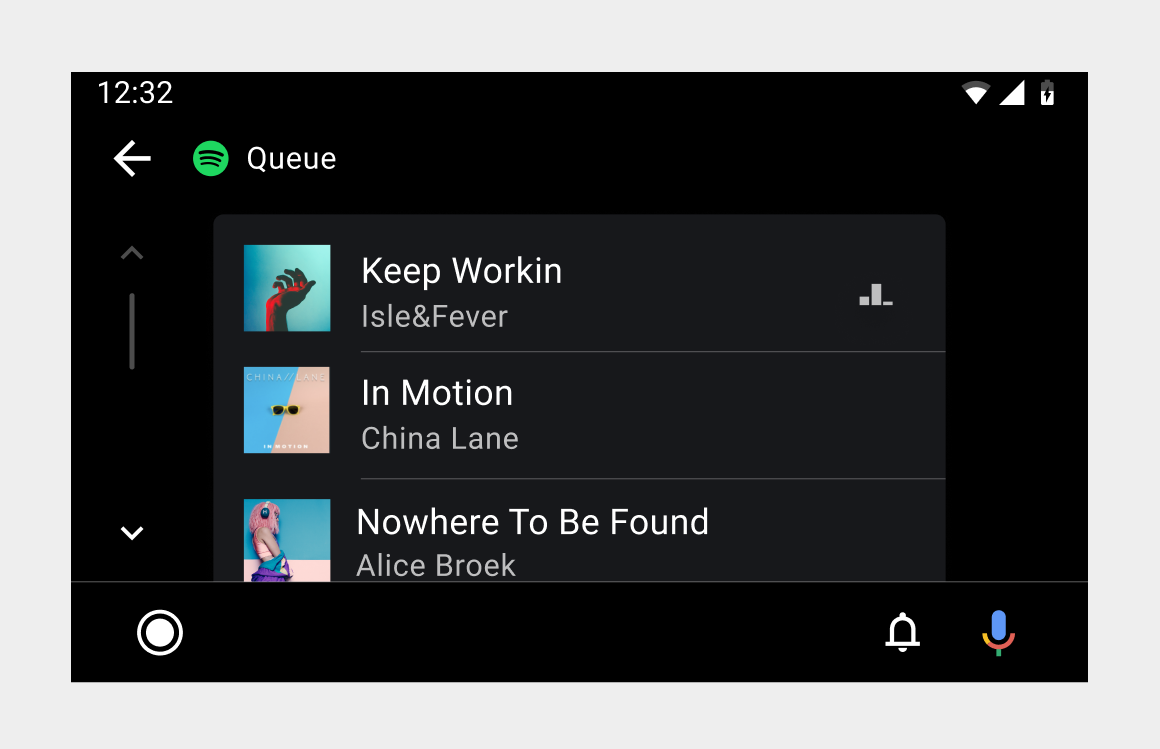 Screenshot of queue with scrolling list of upcoming songs