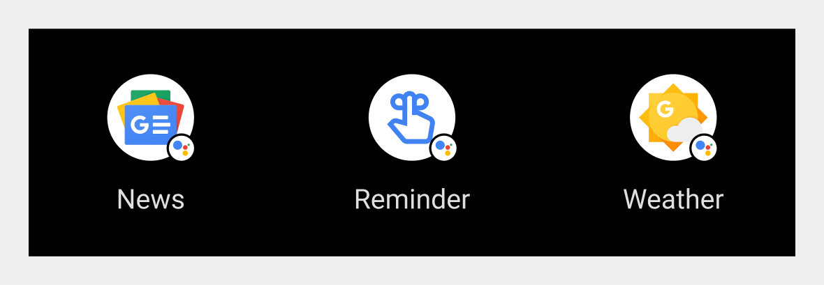 Ícones e títulos para três ações do Google Assistente