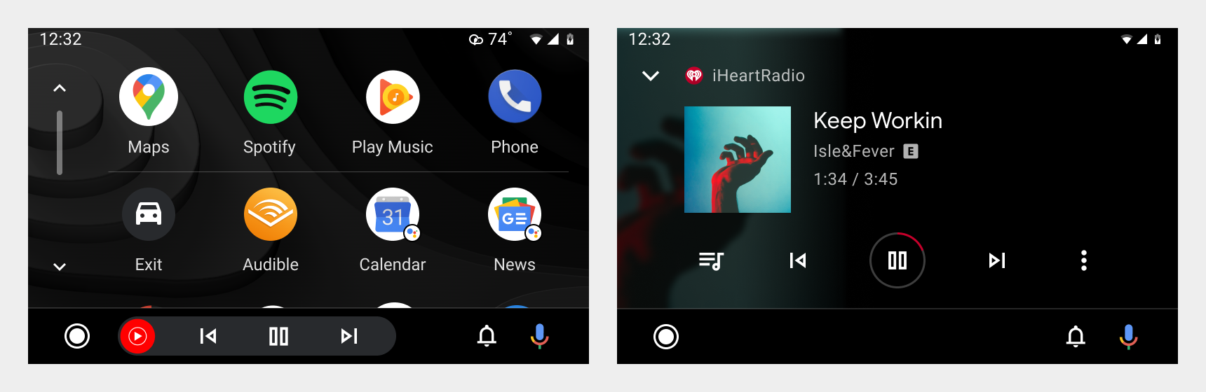 Zrzuty ekranu z Menu z aplikacjami oraz z ekranem odtwarzania multimediów w iHeartRadio