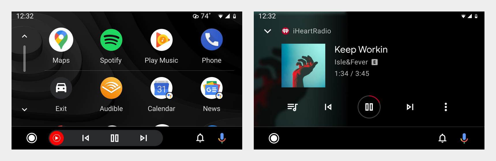 Capturas de pantalla del selector de aplicaciones y de la pantalla de reproducción de contenido multimedia de iHeartRadio