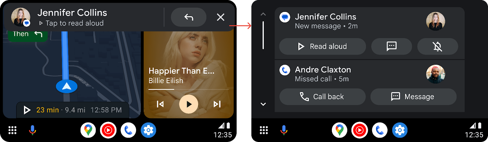 以 HUN 形式显示并随后显示在通知中心的消息通知的并排图片
