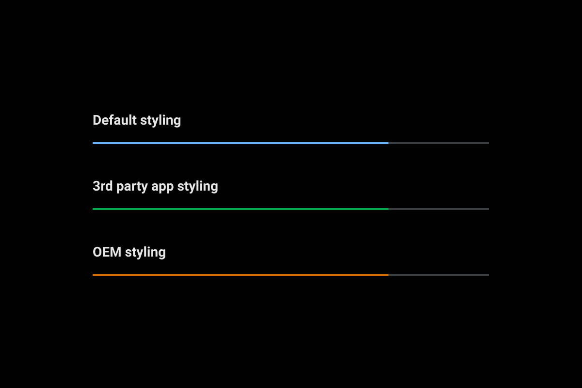 기본, 서드 파티 및 OEM 강조 색상을 사용하는 활성 트랙을 보여주는 선형 미디어 진행률 표시줄