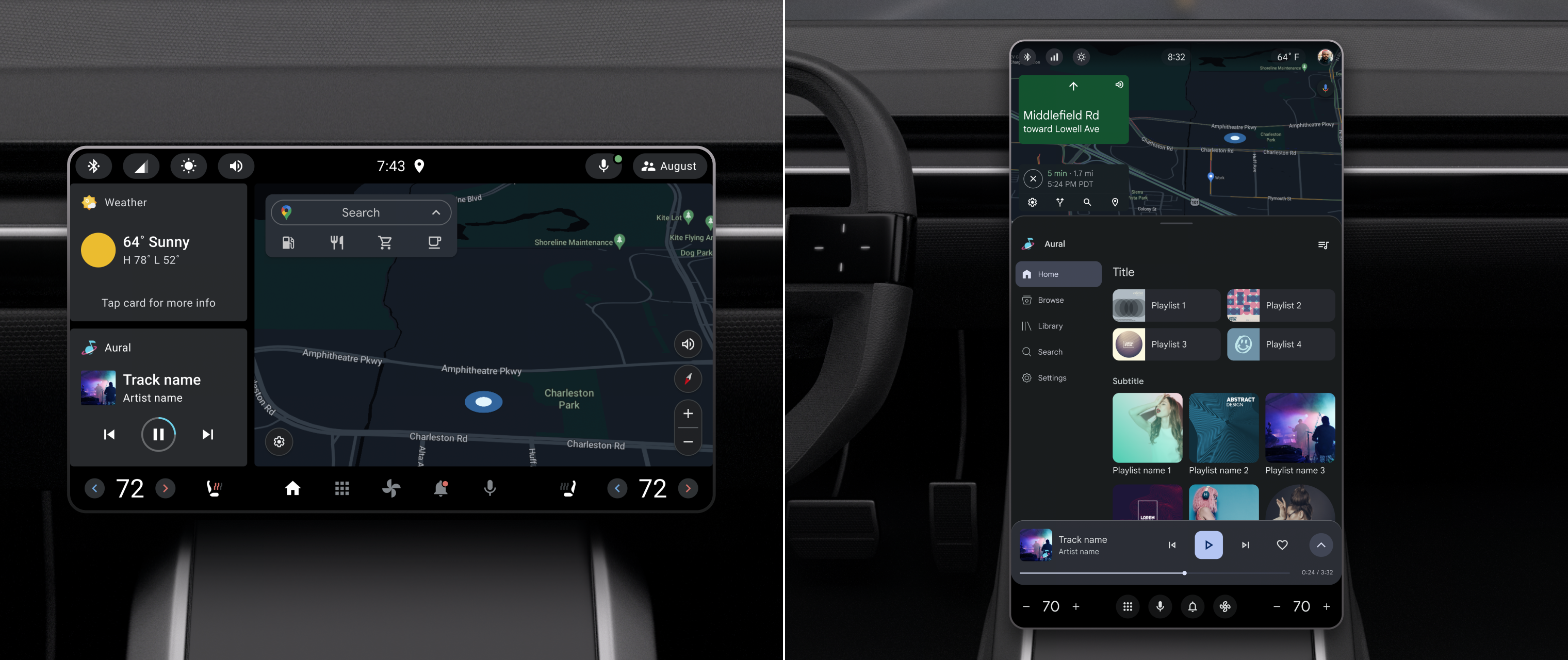 Images of screens in two car dashboards, showing the two reference designs