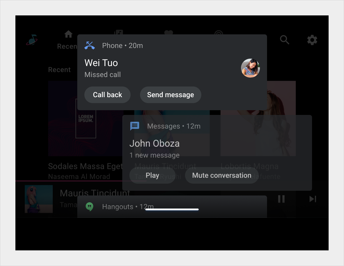 垂直通知列表,其中一条通知向右滑动