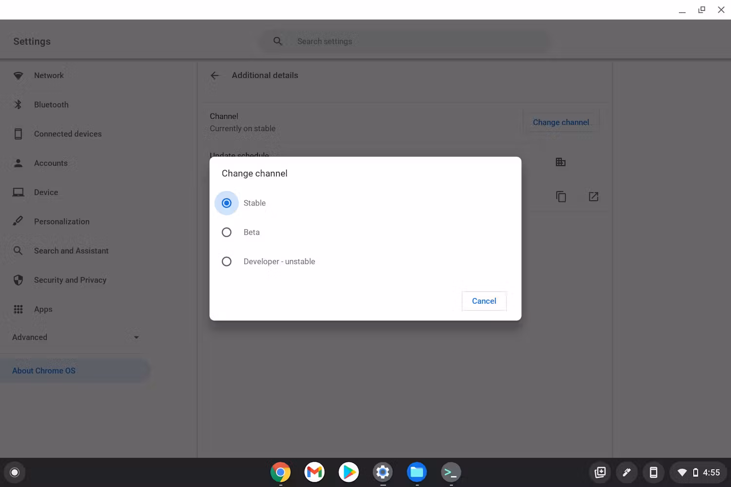 กล่องโต้ตอบการเลือกช่อง ChromeOS