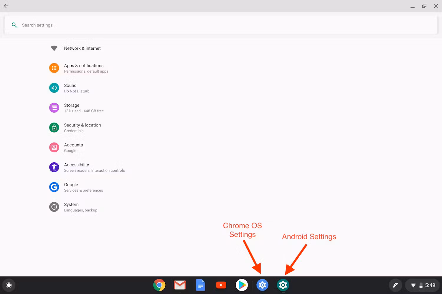 Значки настроек ChromeOS и Android выглядят очень похоже, но в настройках Android значок шестеренки немного больше, а цвет фона — зеленый.