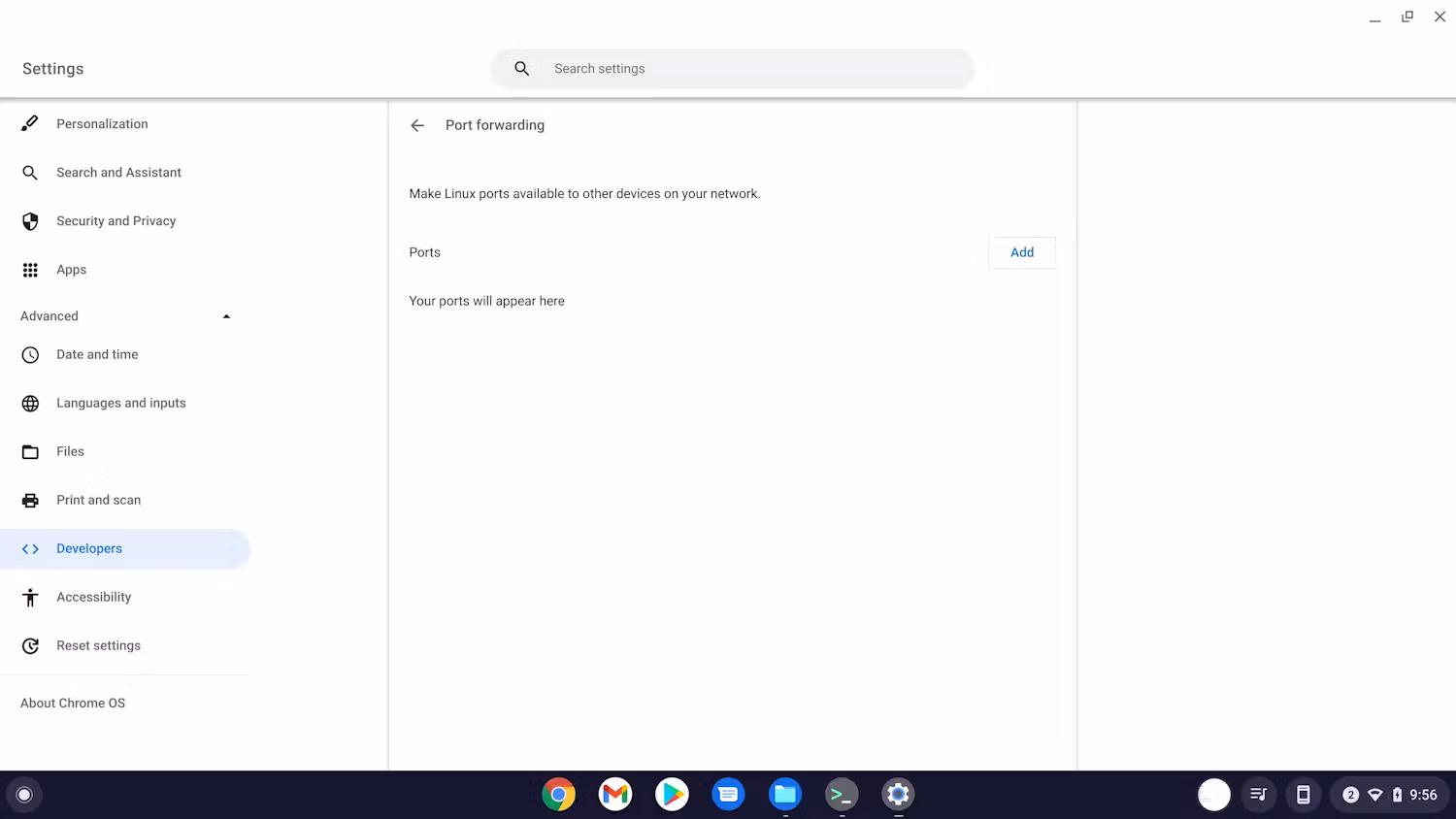 Empty port forwarding settings page.