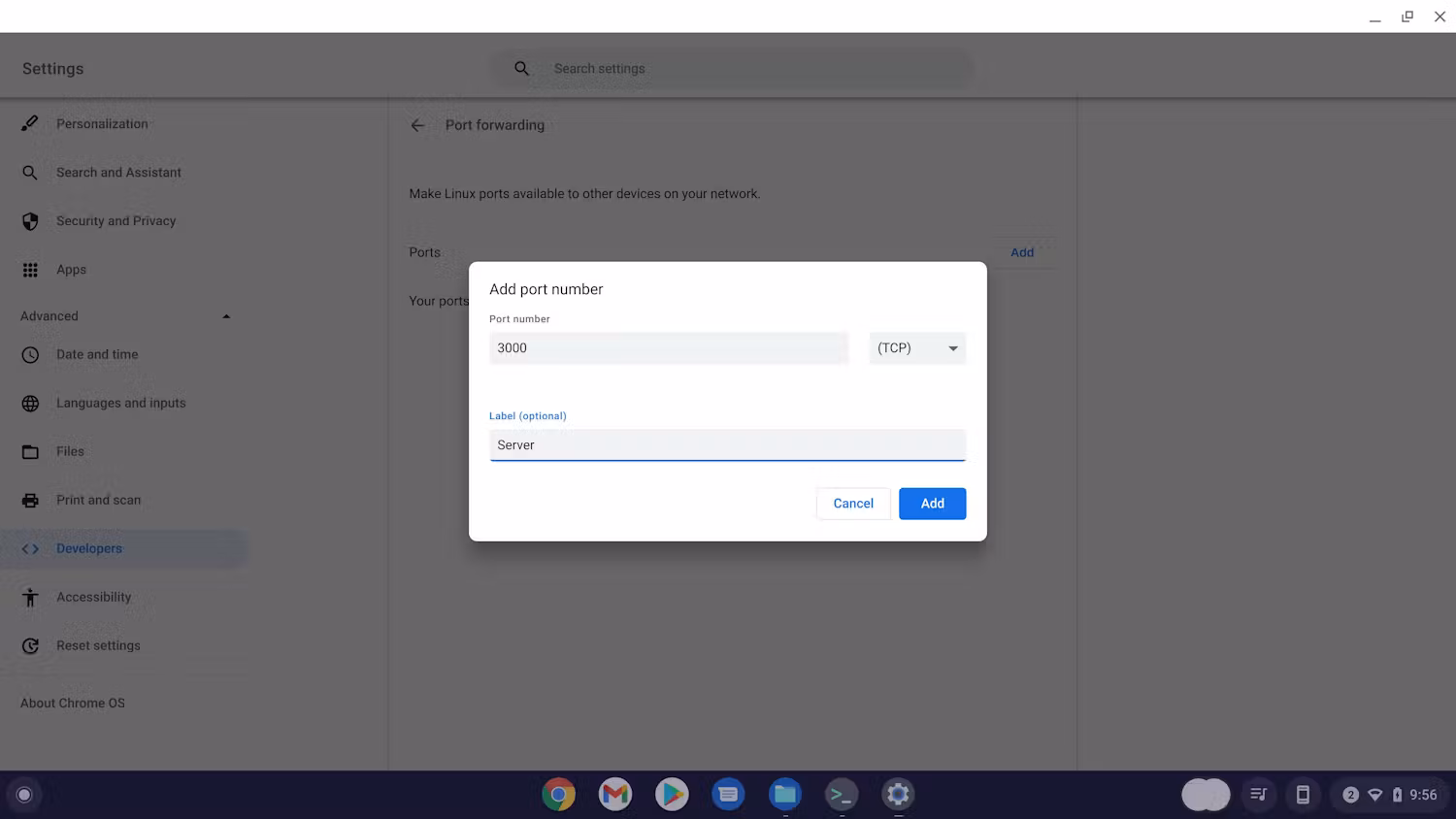 Configuring port forwarding to forward port 3000 using TCP with a label 