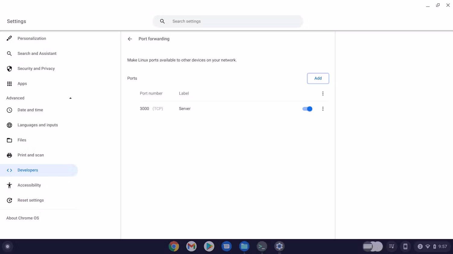 Port forwarding settings page with a configured port of 3000 using TCP labeled 