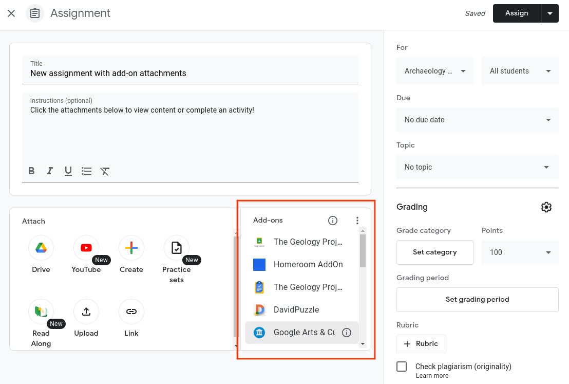 View of an assignment creation including the possible add-on options a teacher
can attach