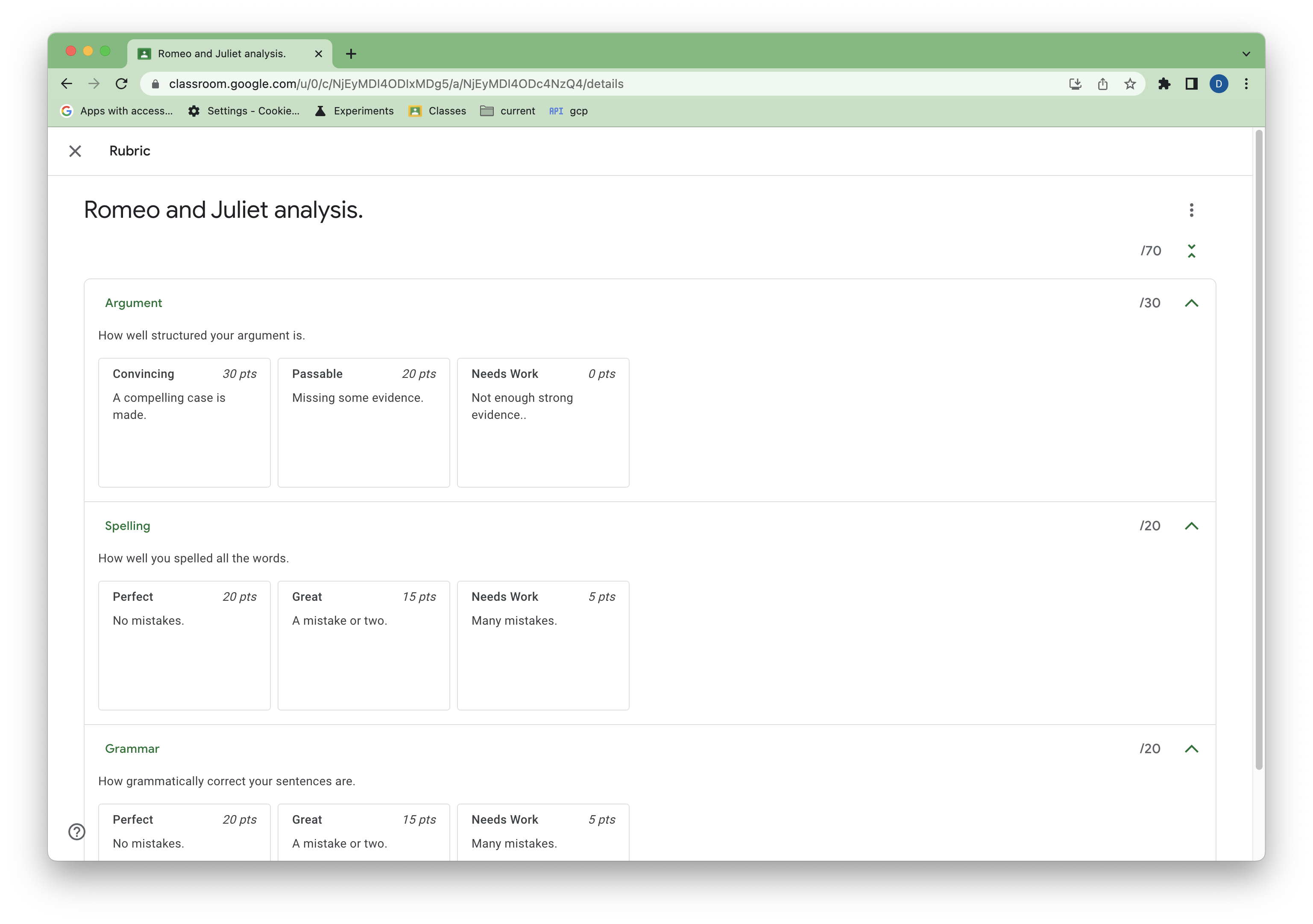 View of a rubric in the Classroom UI