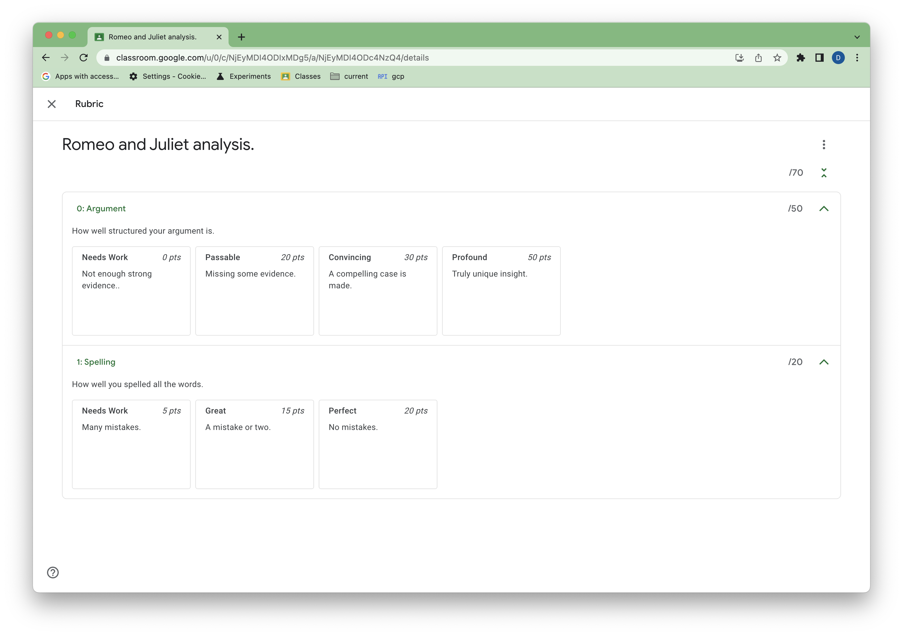 View of an updated rubric in the Classroom UI