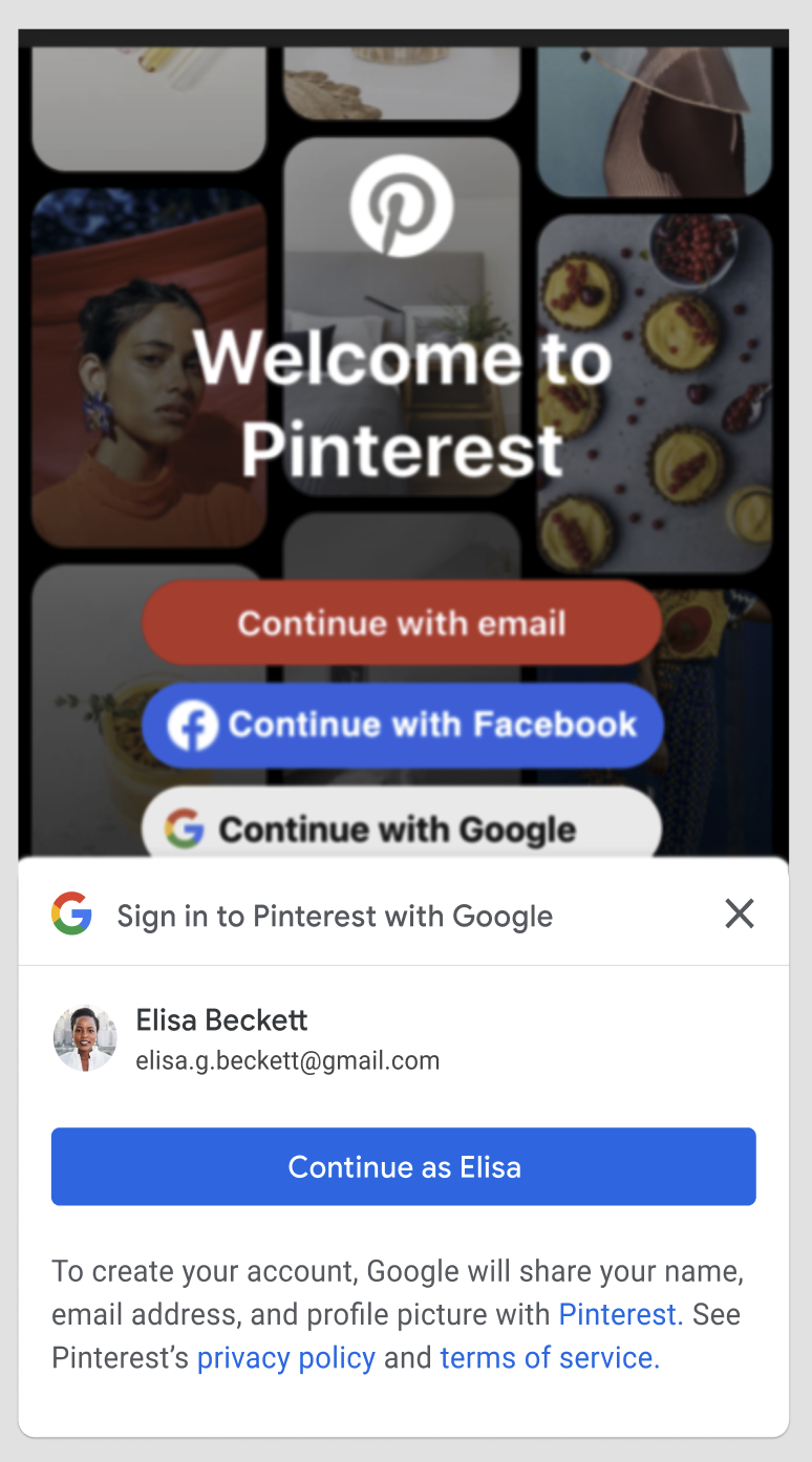Una captura de pantalla de la aplicación Pinterest para Android utilizando Google Identity Service One Tap.