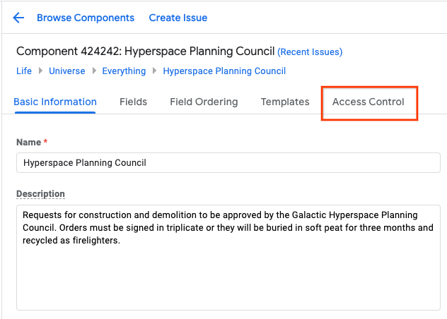 The Access Control tab that is shown on the component administration page