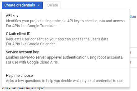 Create service account credentials screenshot.