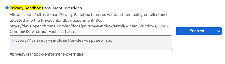 Substituição do chromeflag para registro no Sandbox de privacidade