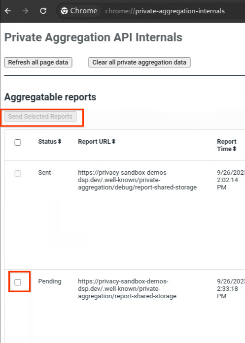 非公開の aggregationreport を送信する