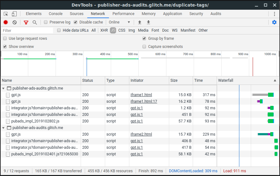 Скриншот вкладки "Сеть" в Chrome DevTools