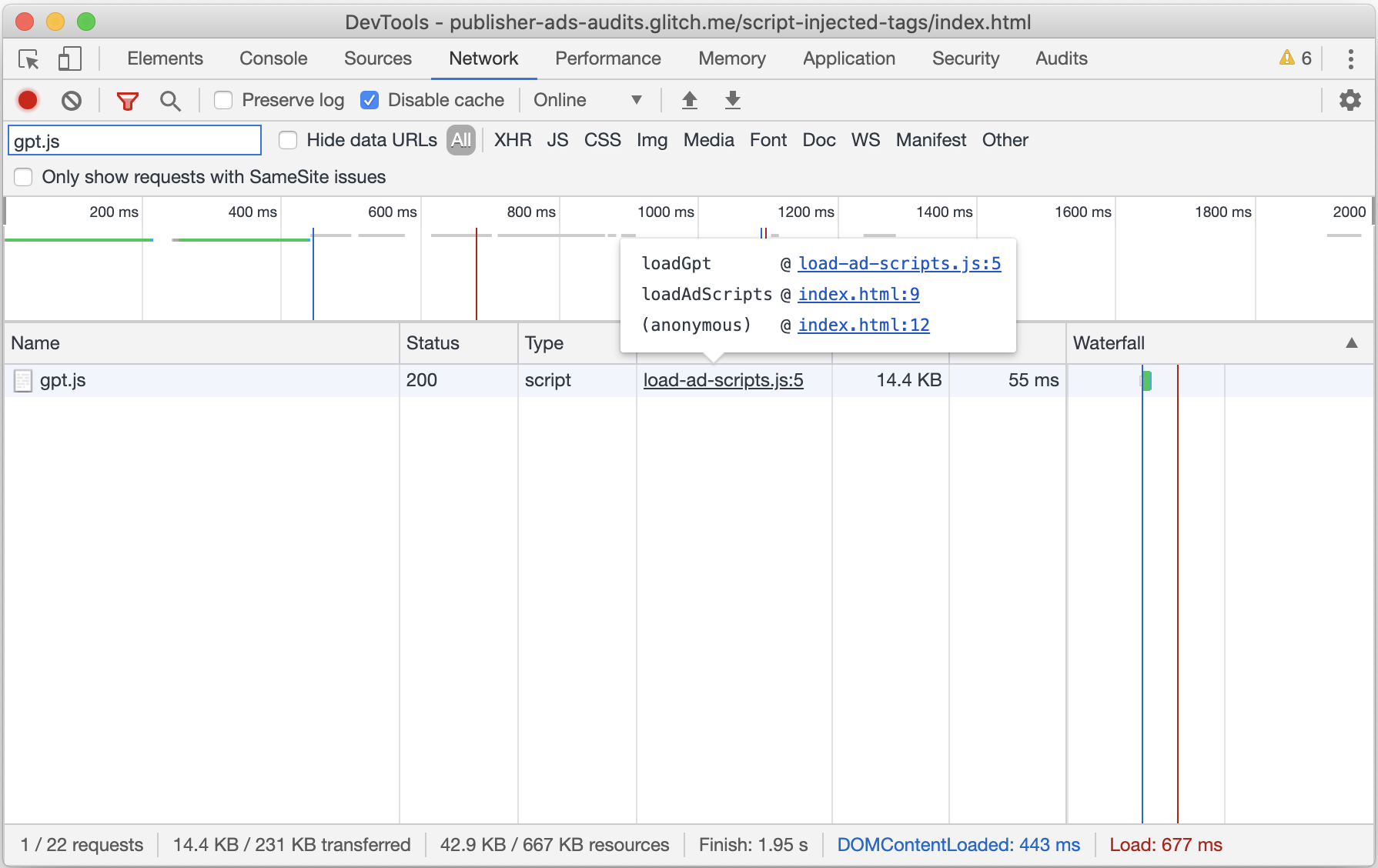Captura de pantalla de la pestaña Red en las Herramientas para desarrolladores de Chrome
