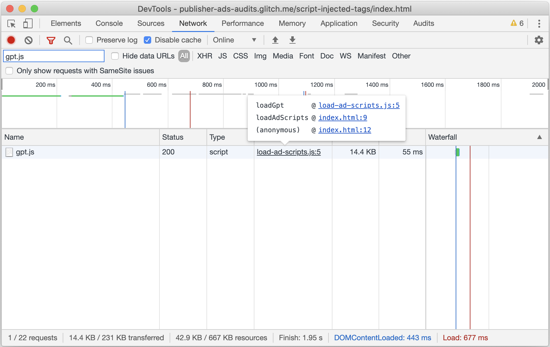 צילום מסך של הכרטיסייה &#39;רשת&#39; ב-Chrome DevTools