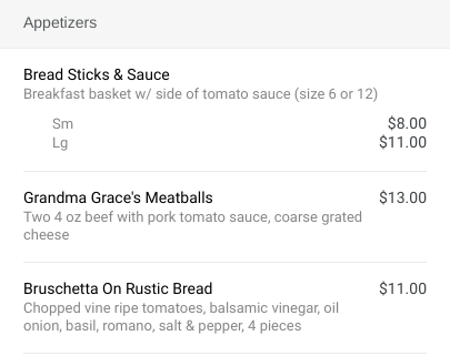 Éléments de menu avec options de prix