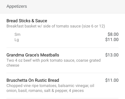Elementos del menú de precios con opciones