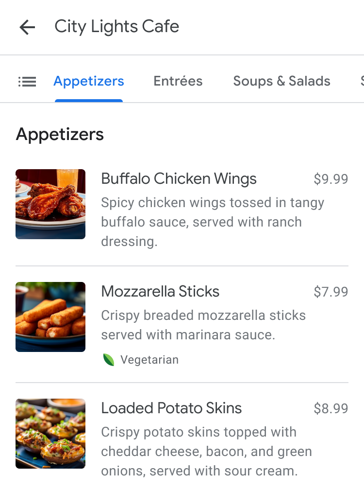 Ejemplo de menú que muestra platos de menú con descripciones