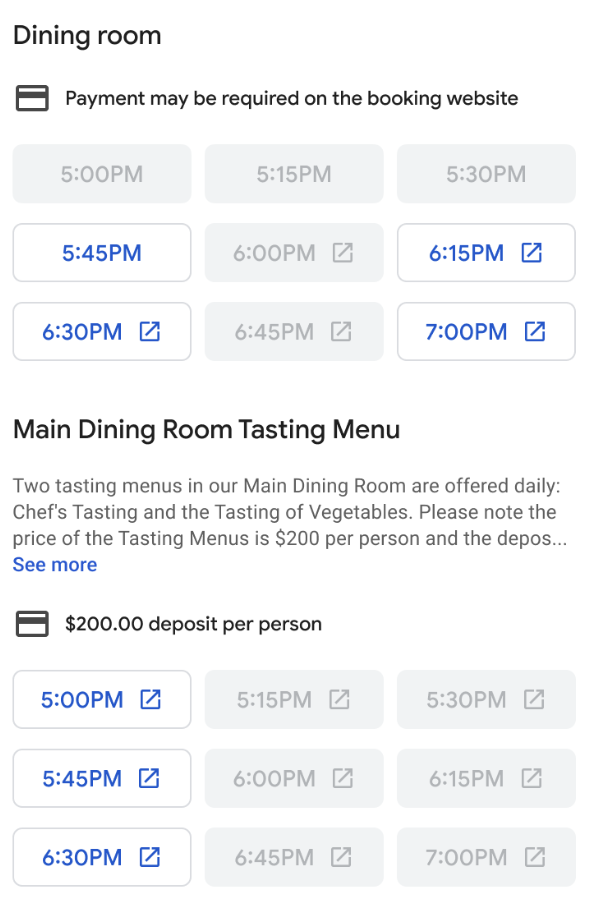 Figure 1: Example slot selection for a restaurant with seating sections including room descriptions