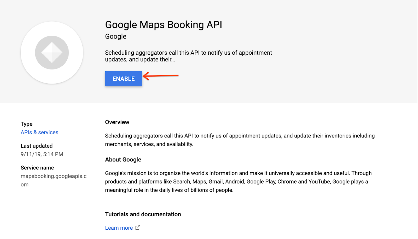 Google Maps Booking API 사용 설정