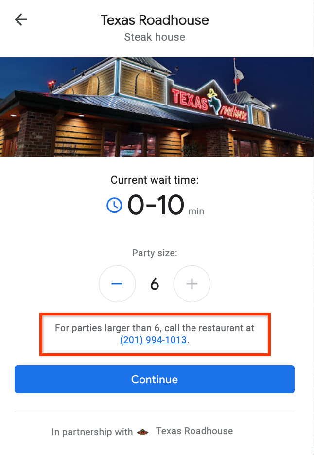 Janela de diálogo &quot;Join waitlist&quot; e aviso para ligar para o restaurante em caso de grupos maiores que seis pessoas