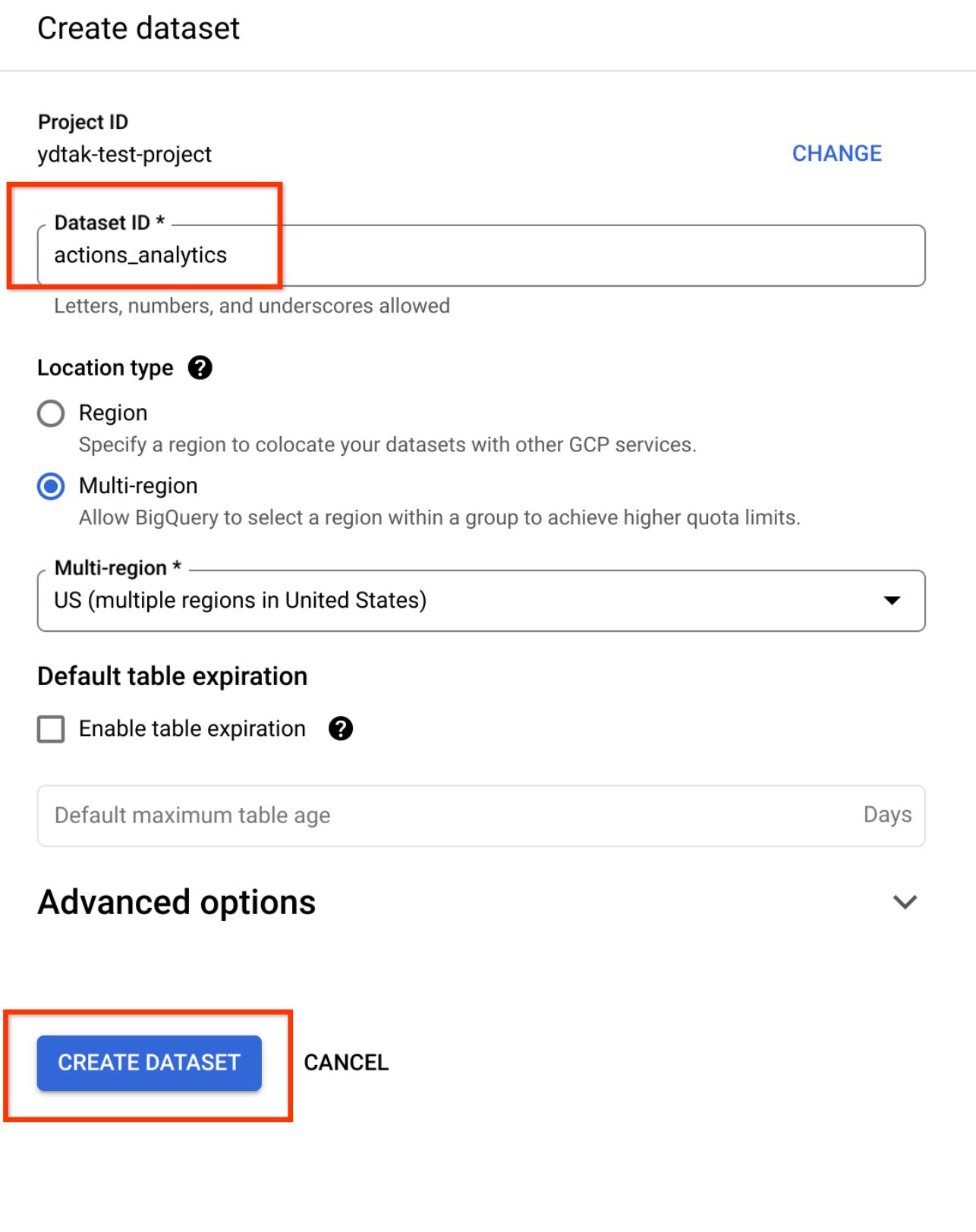 actions_analytics impostato come ID set di dati