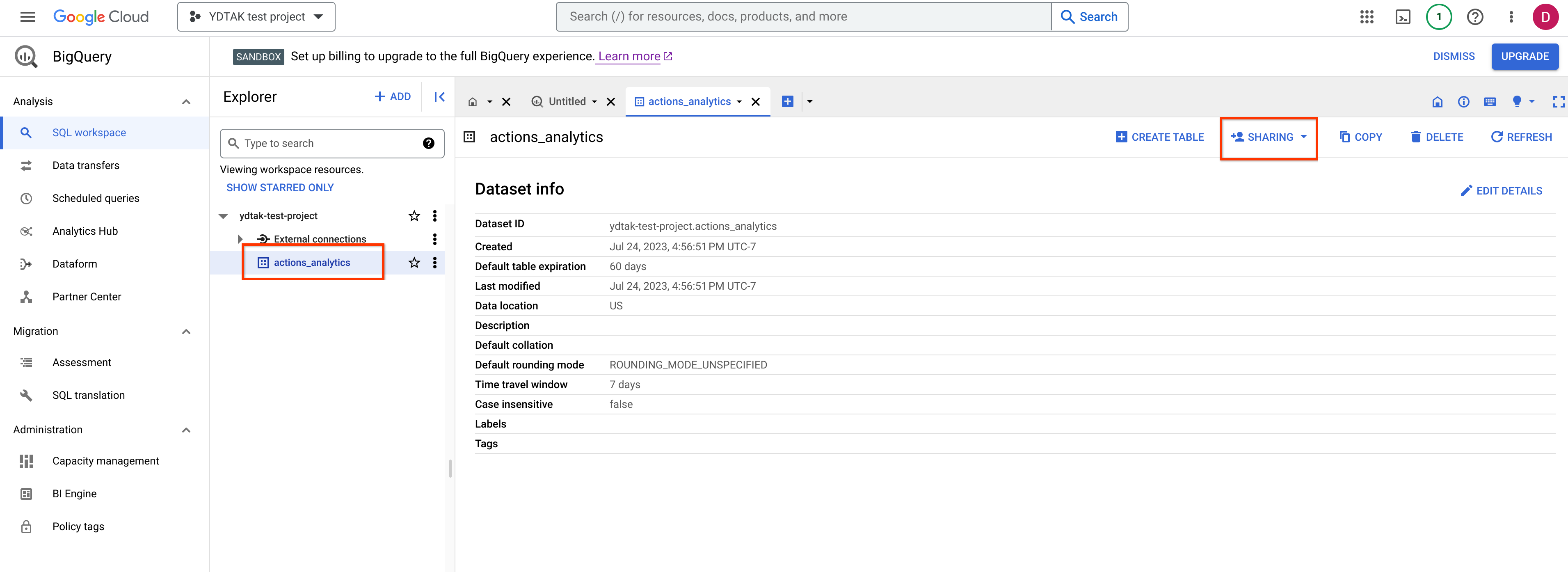 Menu déroulant de partage sur l&#39;ensemble de données actions_analytics.