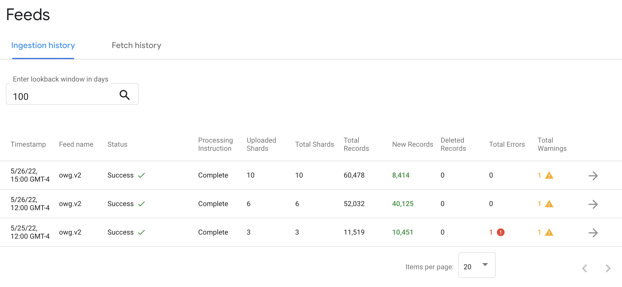 Feed ingestion history with status, errors, and other statistics