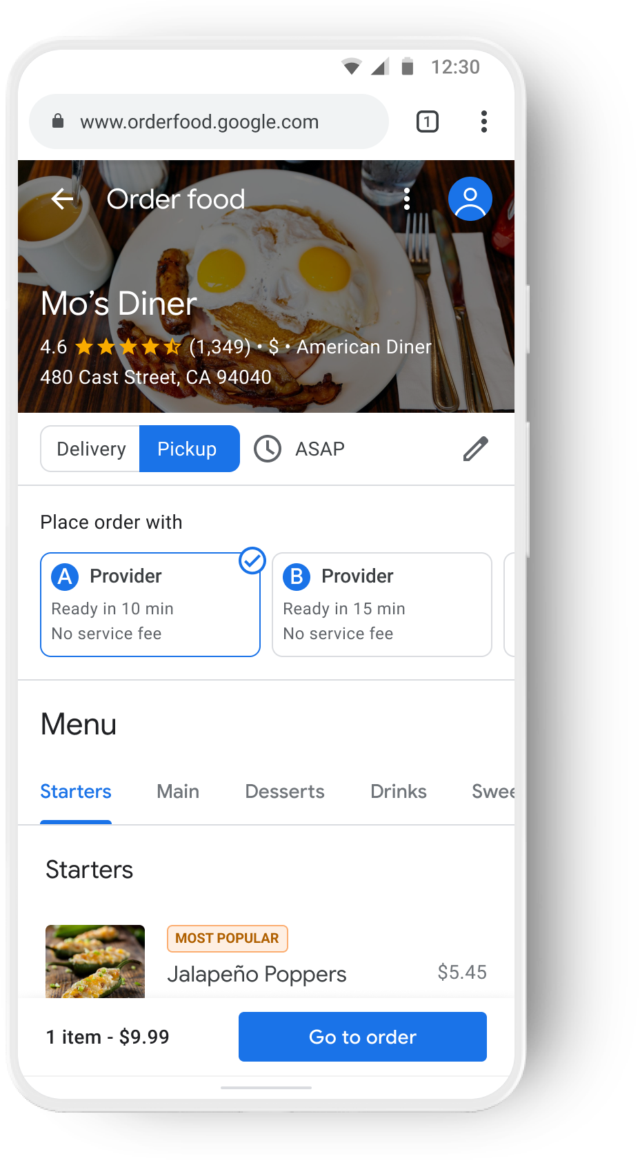 Mobile entry for a restaurant followed by two different delivery service providers.