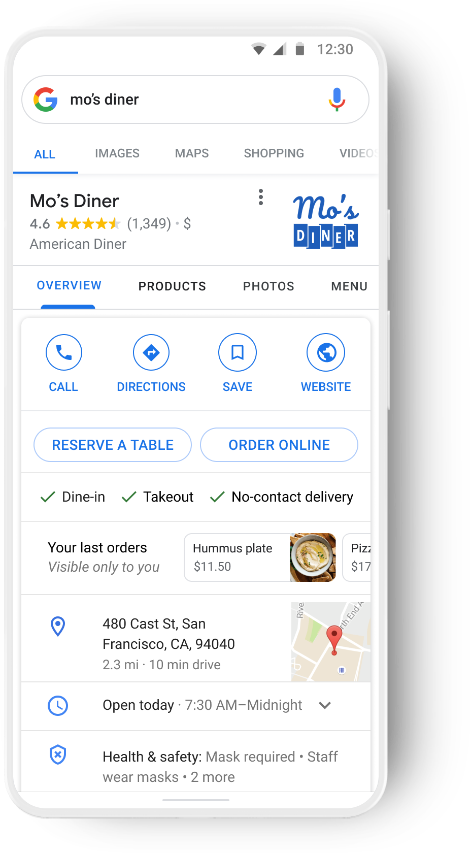 Commande de bout en bout sur la recherche Google, un seul restaurant.