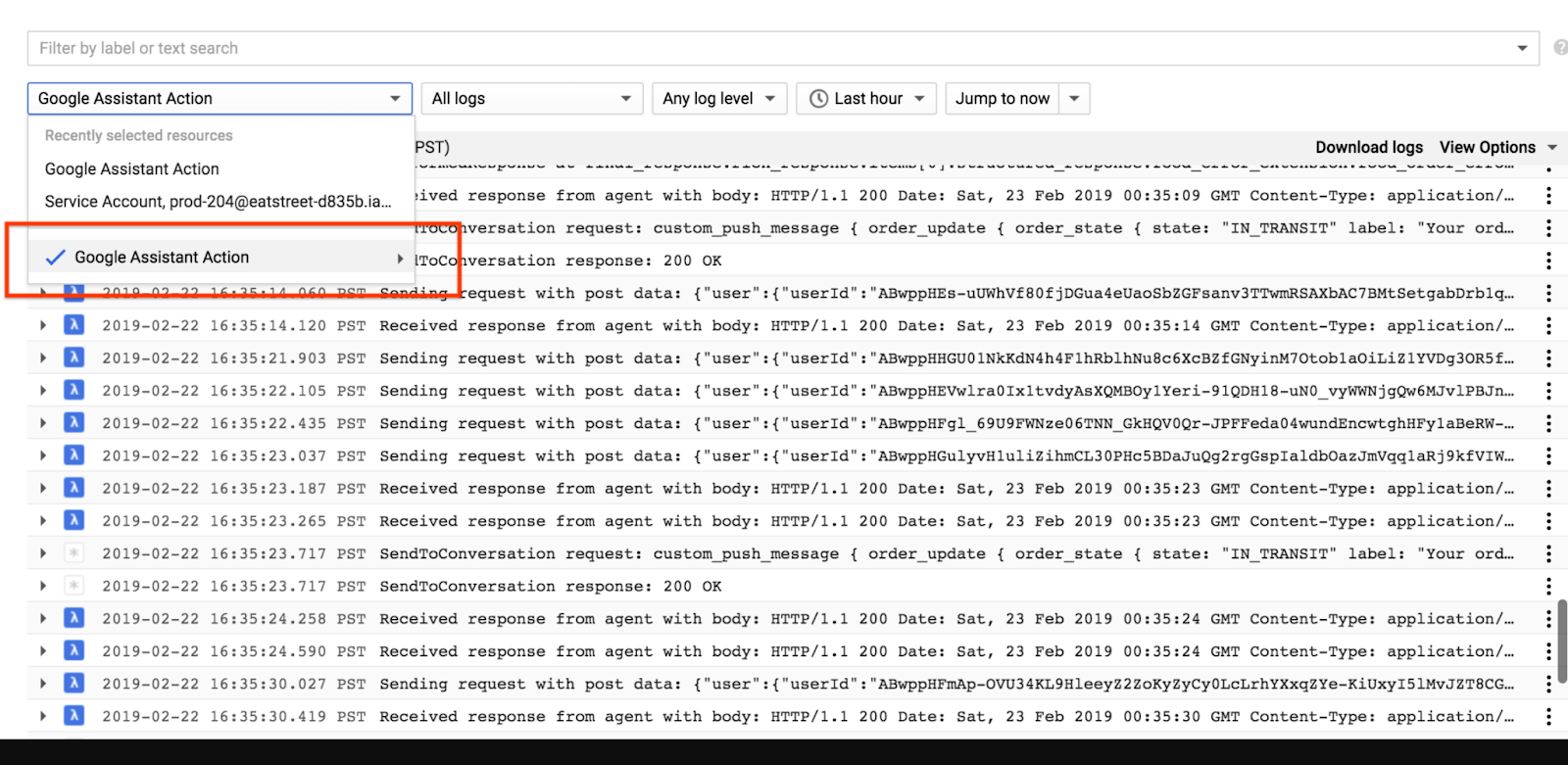 Log di Stackdriver, che mostrano l&#39;Azione dell&#39;Assistente Google come risorsa selezionata.