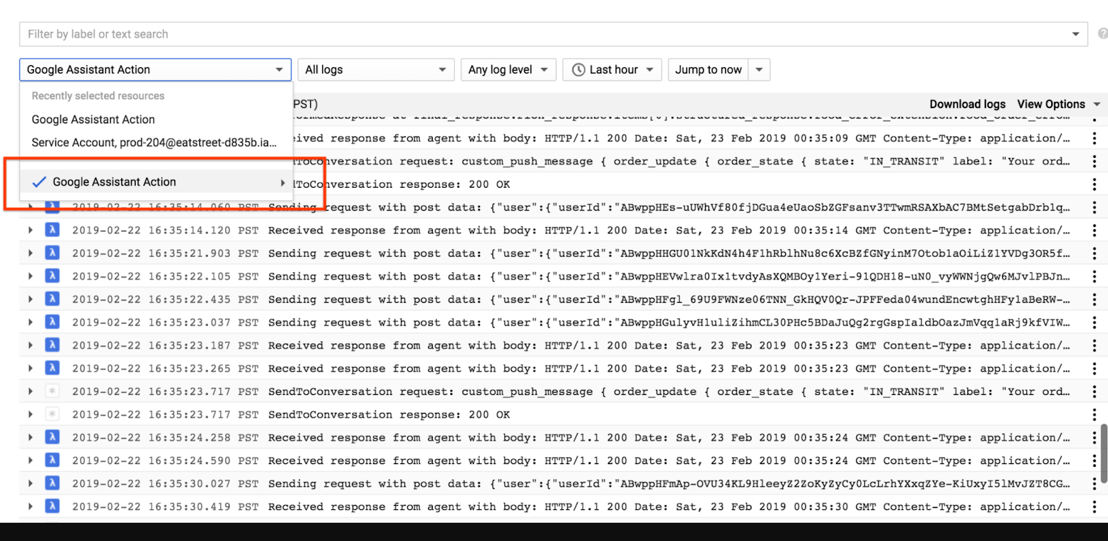 Google 어시스턴트 작업을 선택된 리소스로 표시하는 Stackdriver 로그