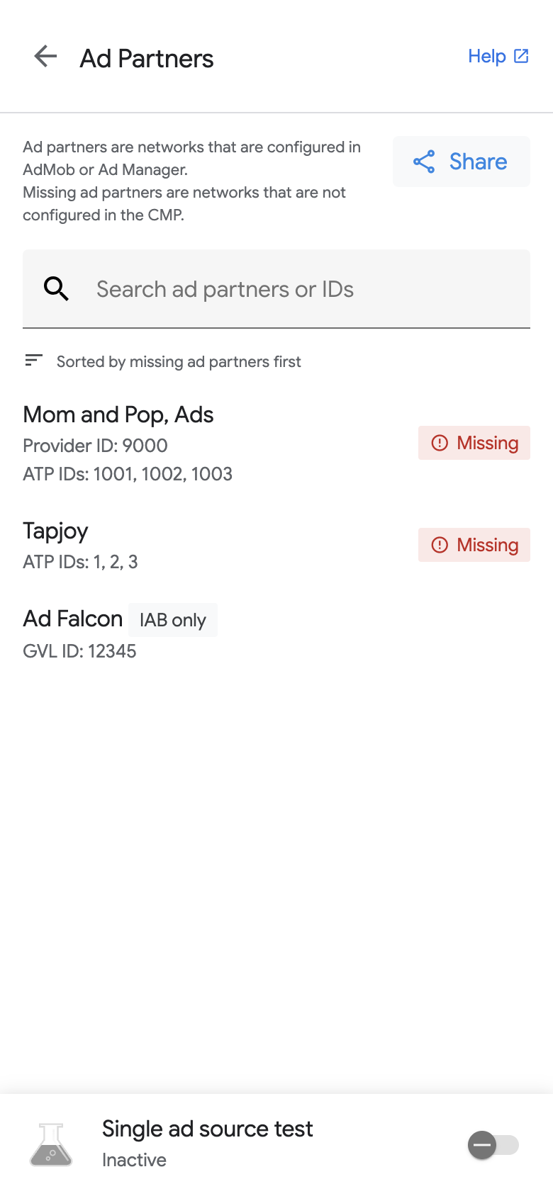 显示 ID 的广告检查器广告合作伙伴页面