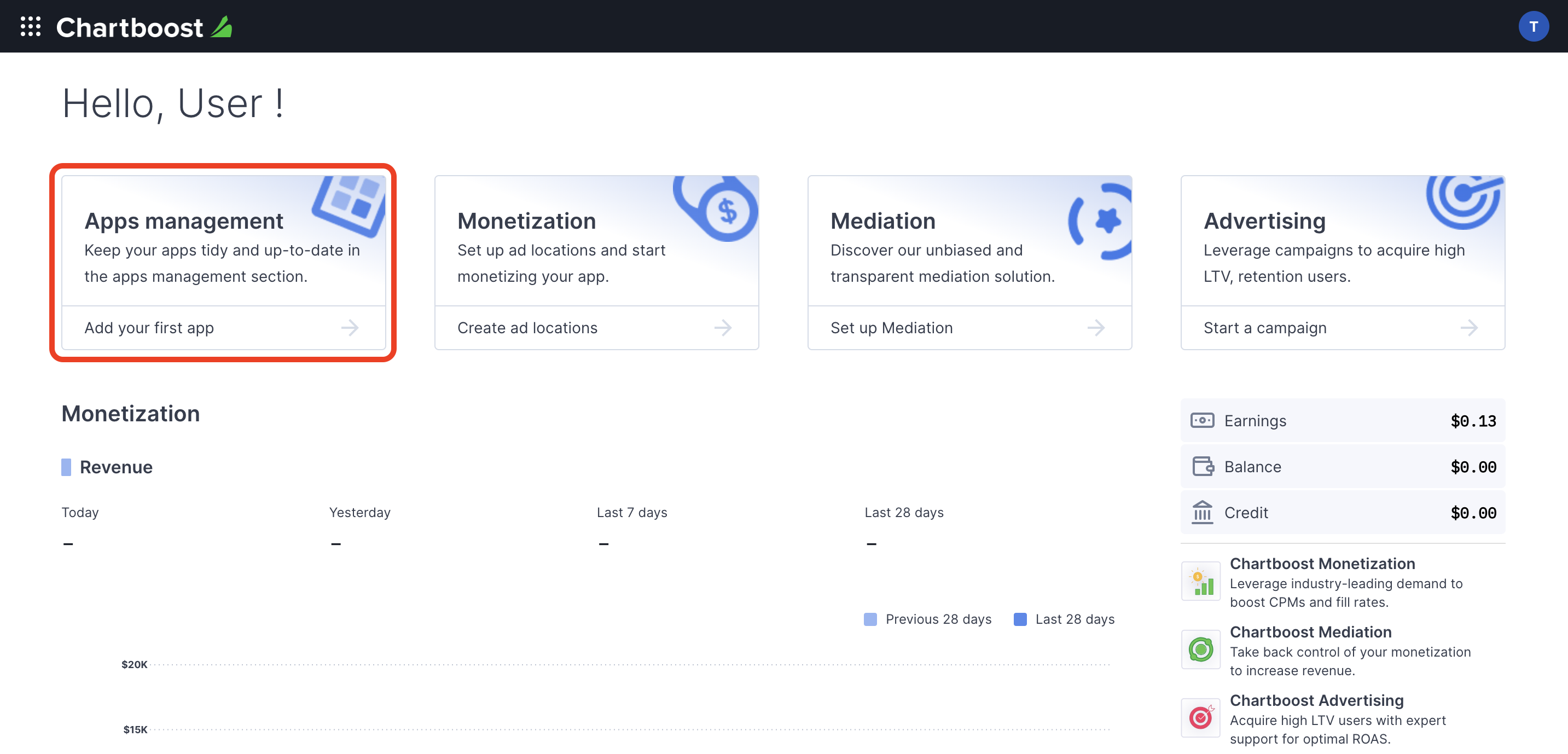 Chartboost apps dashboard