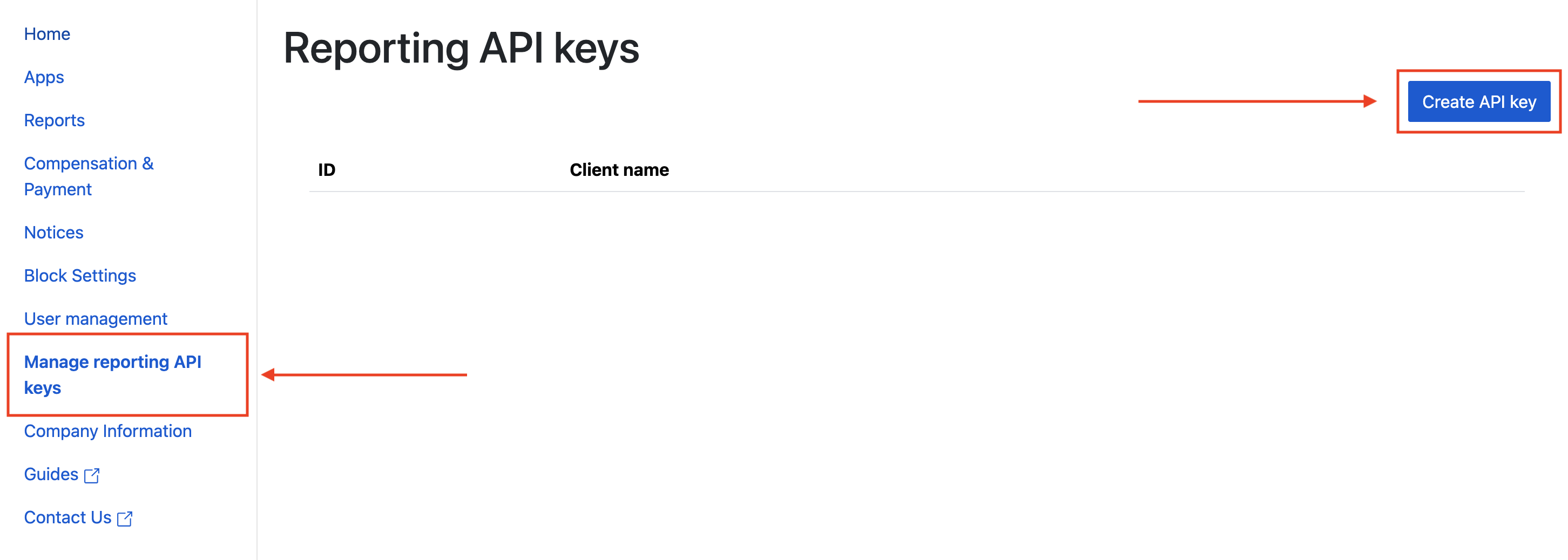 Reporting API Key Tab