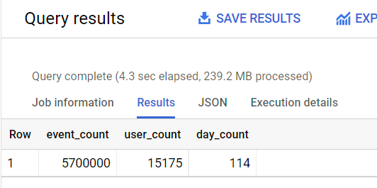 واجهة مستخدم BigQuery تعرض نتائج طلب البحث