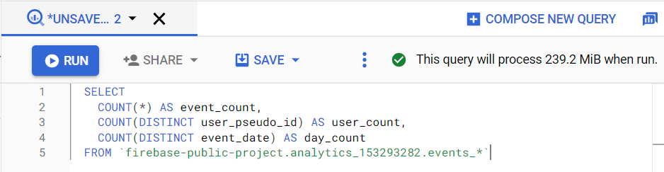 BigQuery का यूज़र इंटरफ़ेस (यूआई), जिसमें क्वेरी की पुष्टि और क्वेरी का साइज़ दिखाया गया है