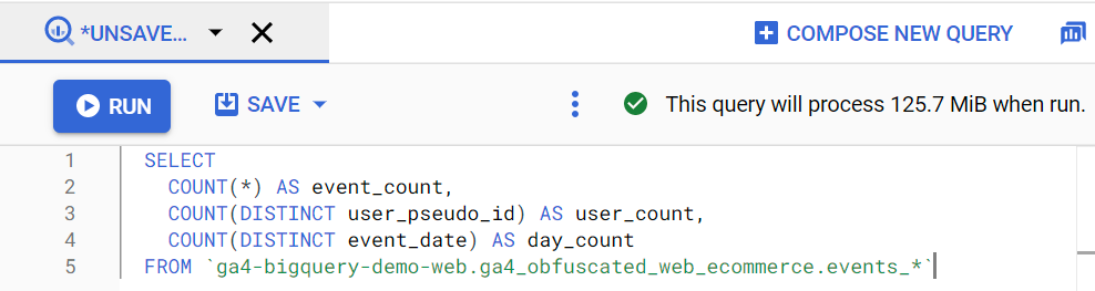 BigQuery का यूज़र इंटरफ़ेस (यूआई), जिसमें क्वेरी की पुष्टि और क्वेरी का साइज़ दिखाया गया है