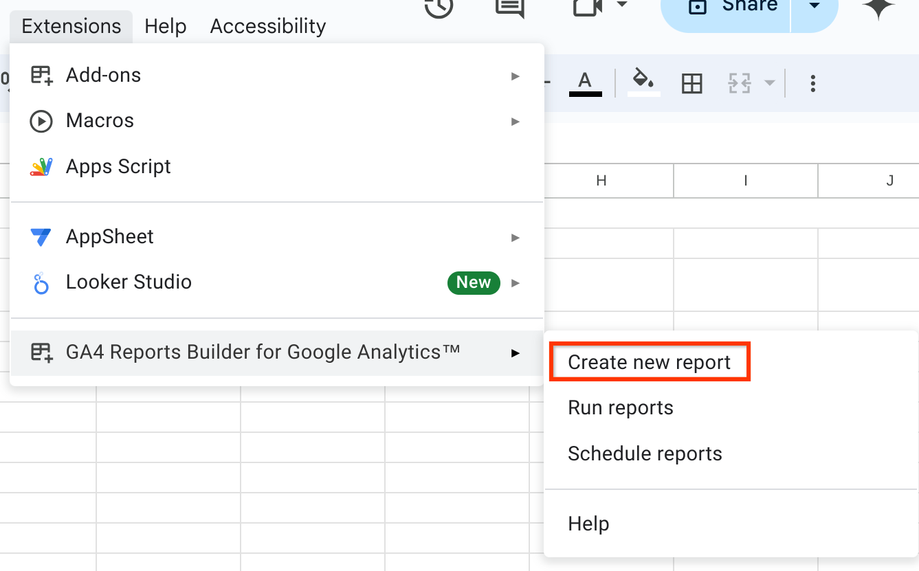 Abra o complemento Planilhas Google do Google Analytics 