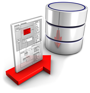 An arrow with a schema document hovering above. The arrow is
              pointing towards a cylinder representing a database.