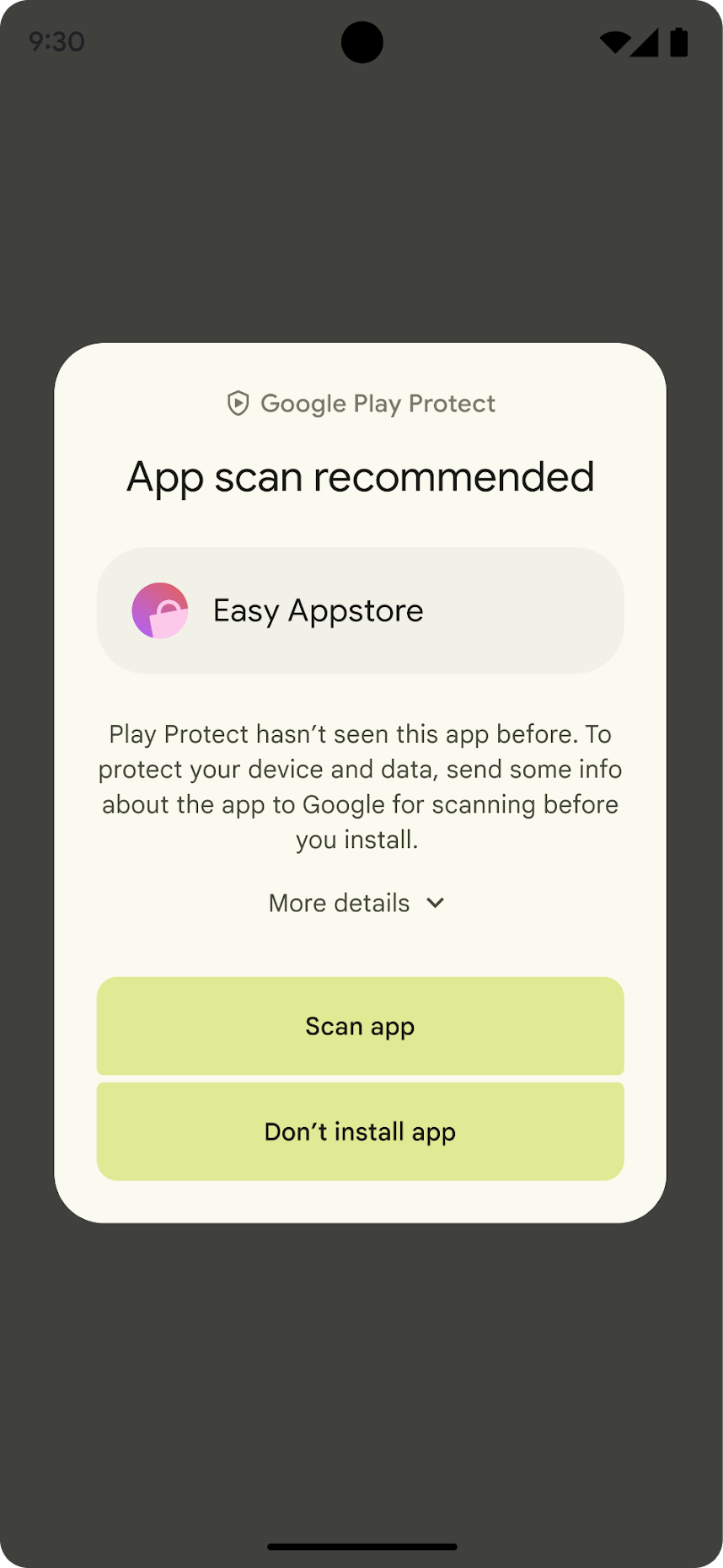 Los dos botones del diálogo, de arriba abajo, son Scan app y Don&#39;t install app.