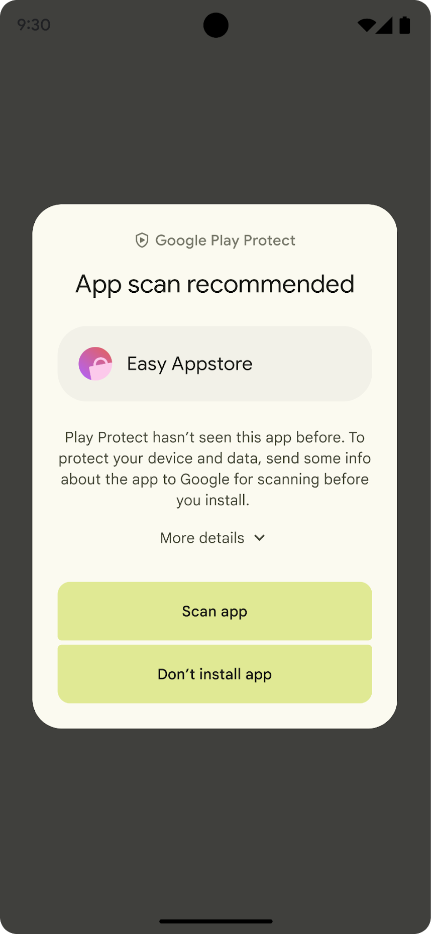 대화상자에 있는 두 개의 버튼(위에서 아래로)은 Scan app(앱 검색)과 Don&#39;t install app(앱 설치 안함)입니다.