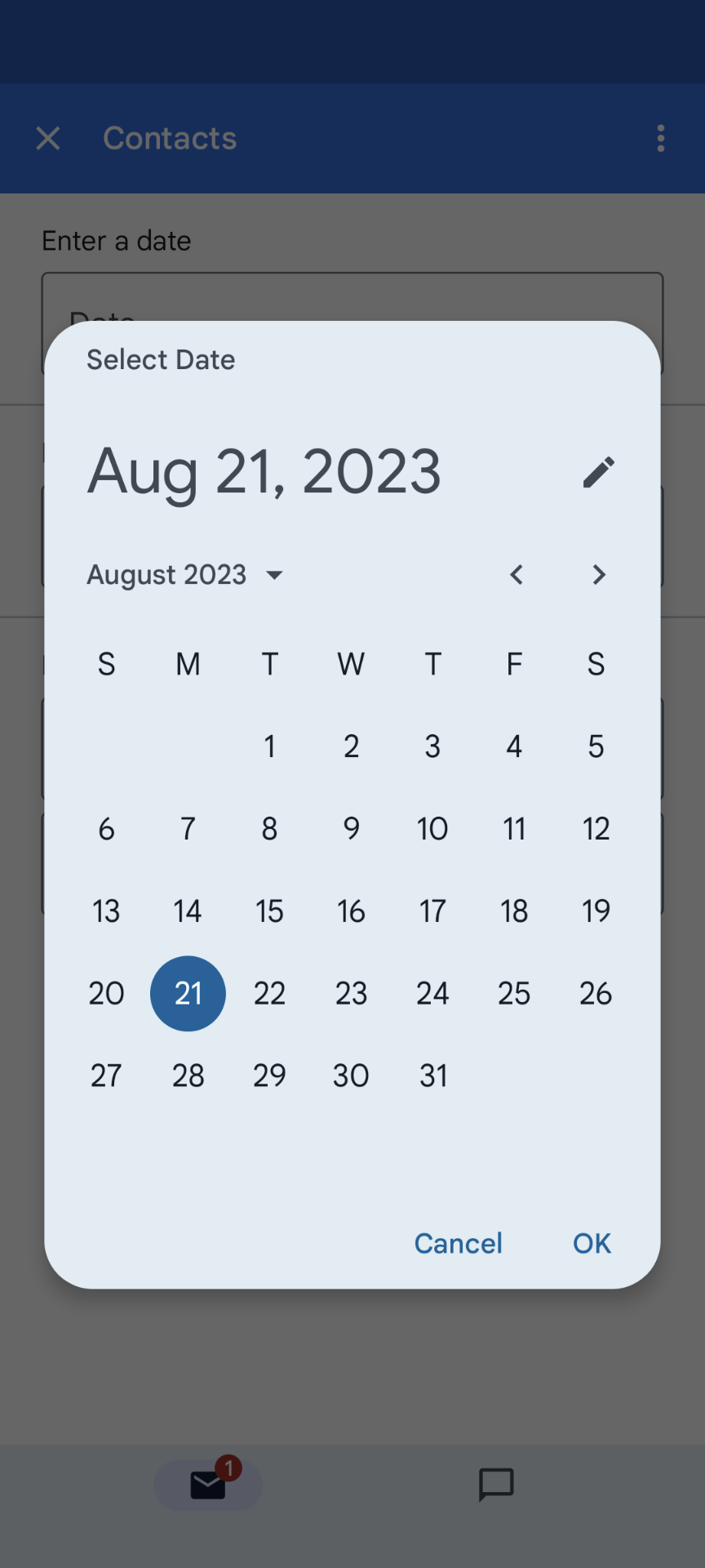 मोबाइल पर, तारीख चुनने वाले टूल का उदाहरण